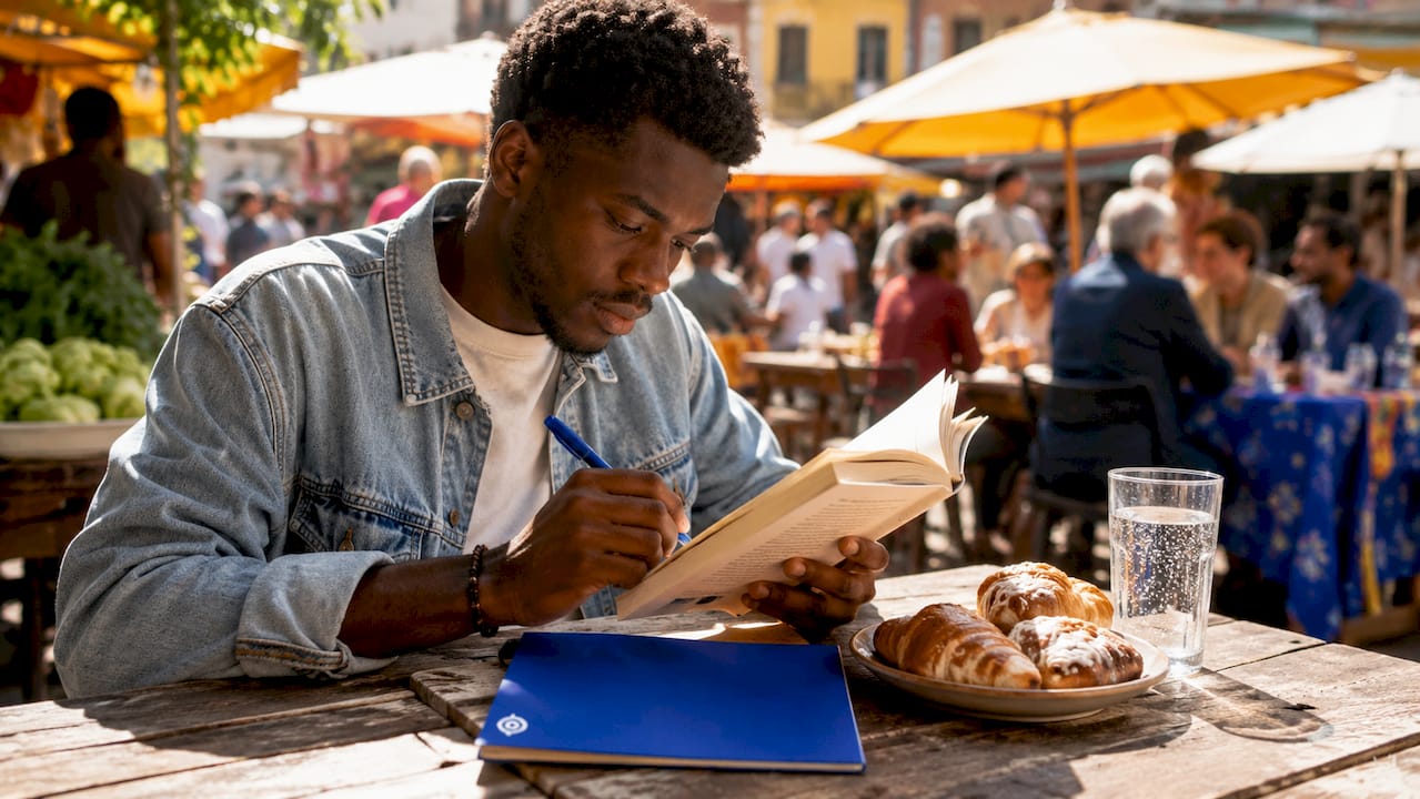 Reader enjoying translated literature at café