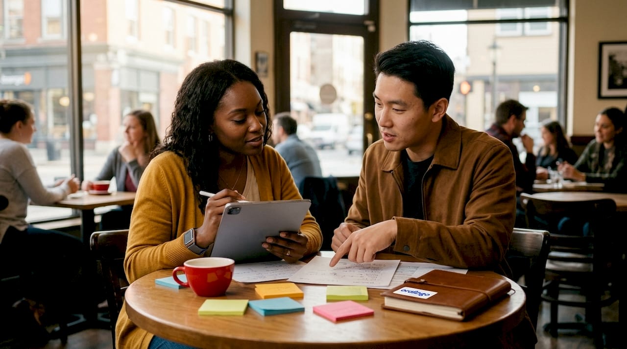 Two coworkers discussing translation platform at table