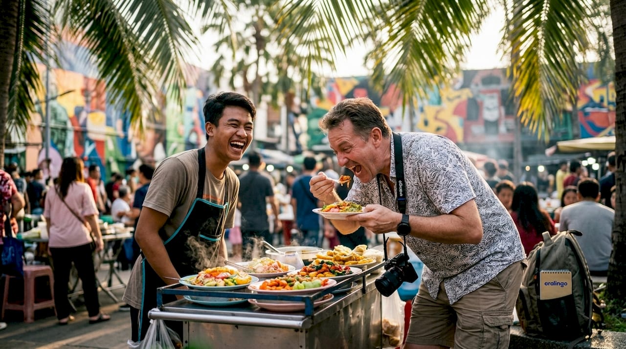 Tourist pantomiming action to street vendor
