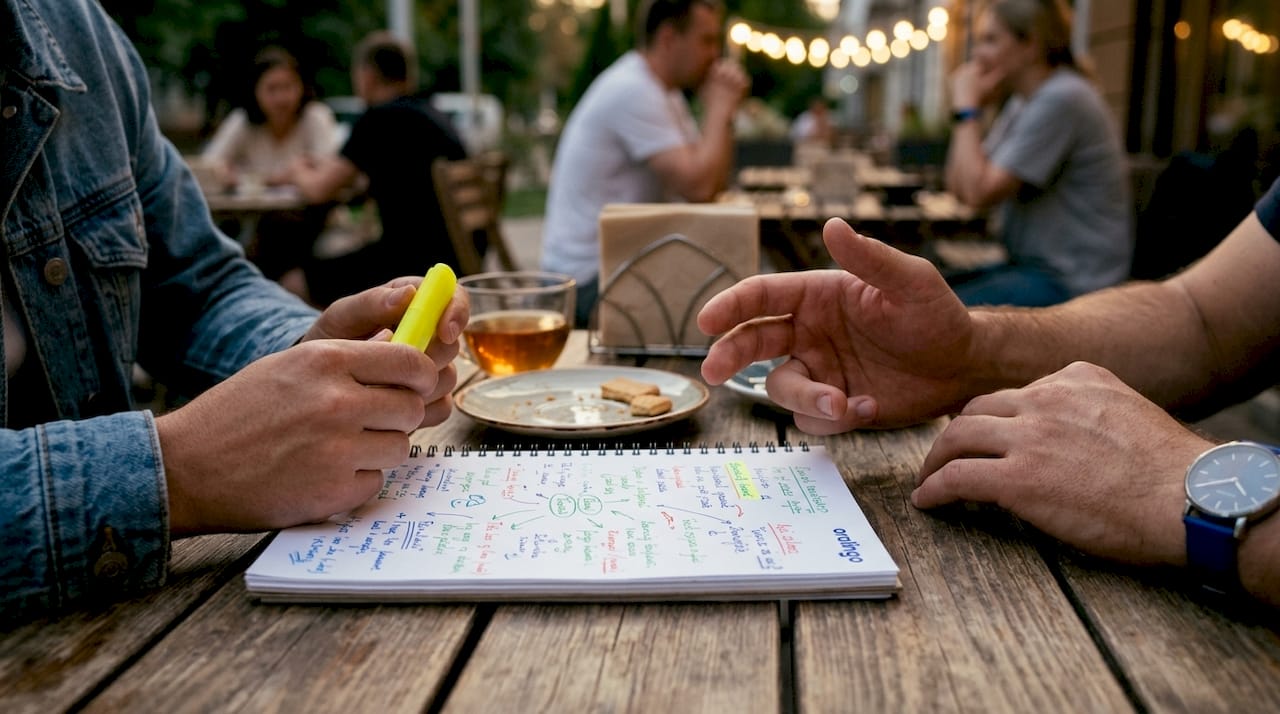 Hands discussing and editing text over notebook