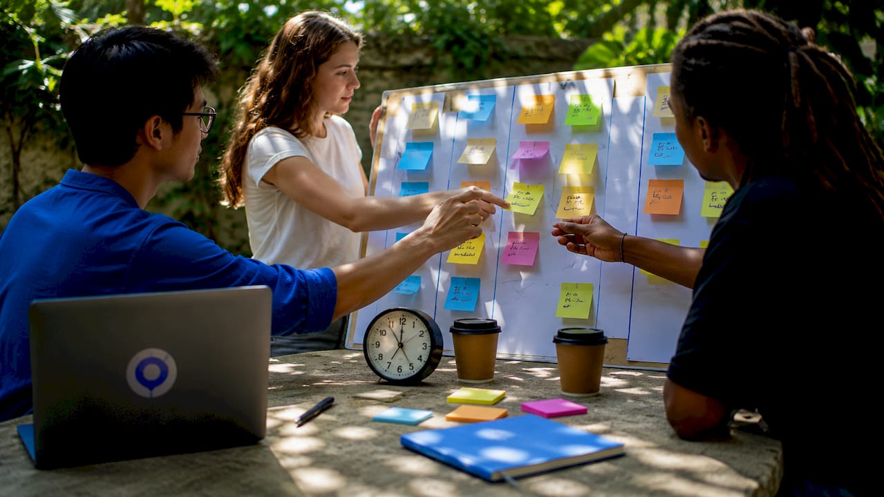 Team hands managing multilingual Kanban board