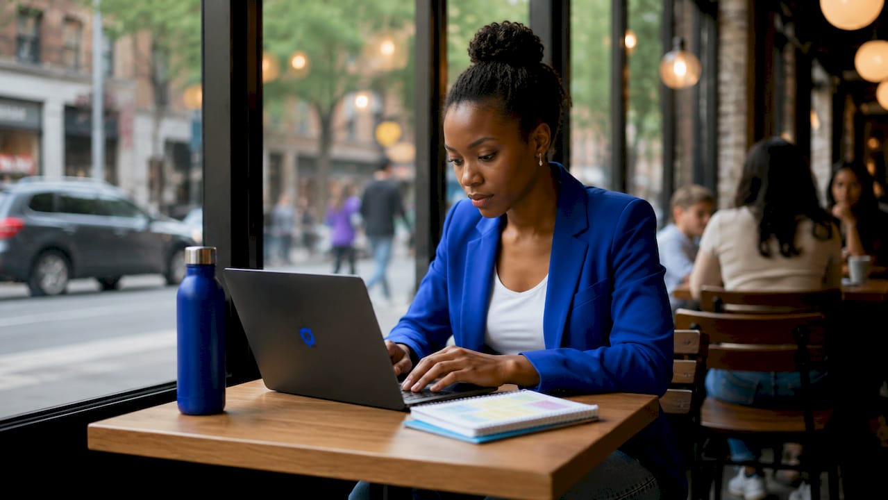Manager typing on laptop using translation tools