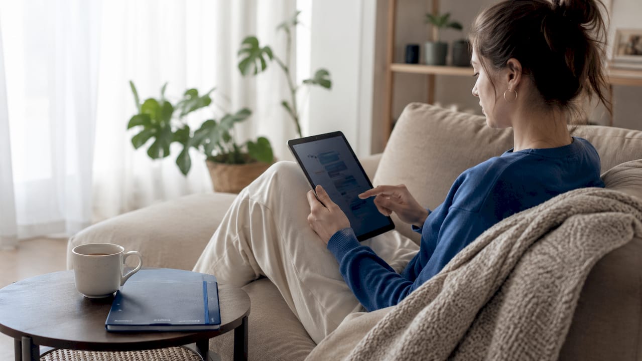 Hands scrolling multilingual team chat on tablet