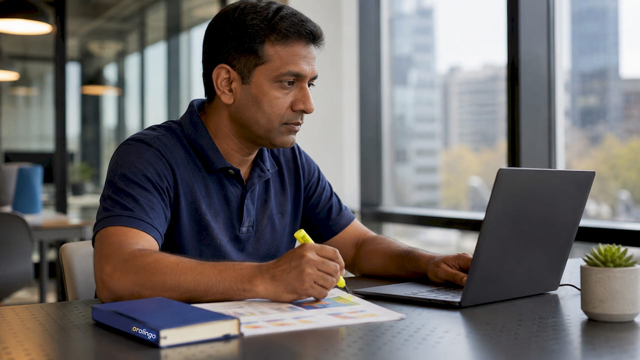 Participant engaged in live remote language training