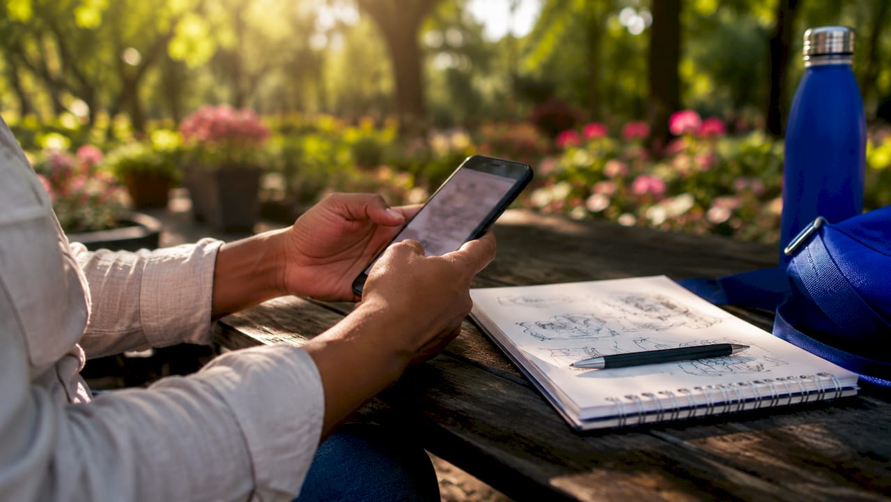 Hands typing on smartphone translation app