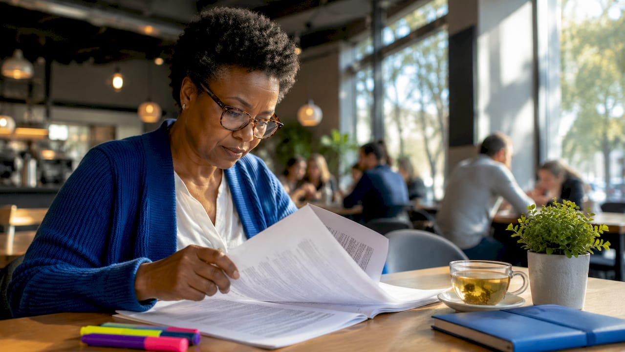 Educator reading federal language compliance papers