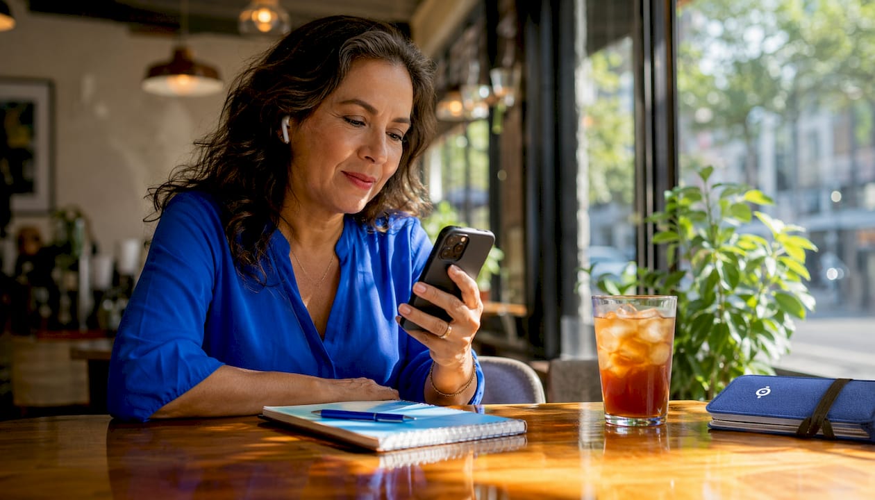 Woman listening to voice translation message