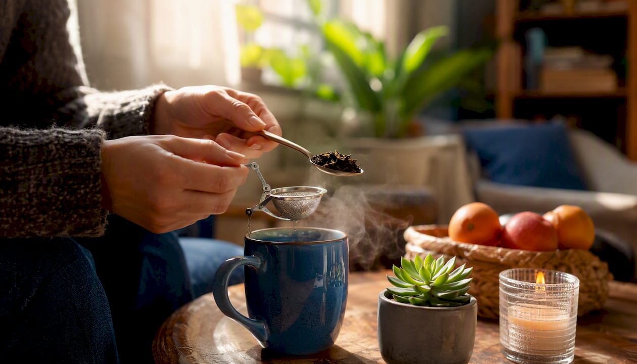 Hands pouring tea in home kitchen