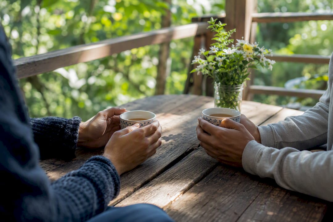 Hands holding tea mugs in morning ritual