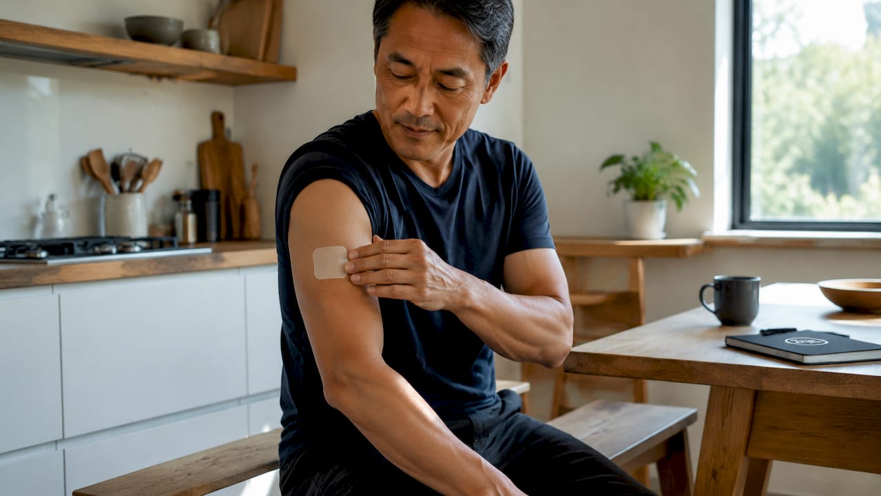 Man applying nicotine patch in bathroom close-up