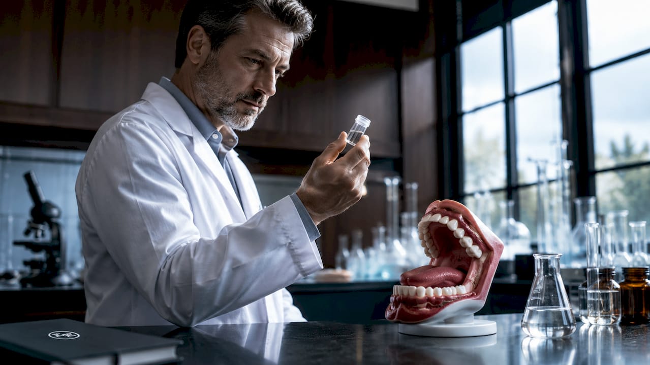 Hands holding nicotine gel and mouth anatomy model in lab