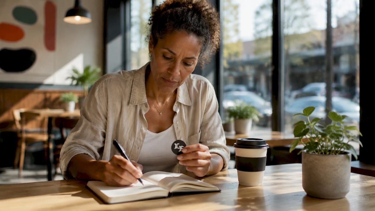 Woman at desk using nicotine pouch thoughtfully