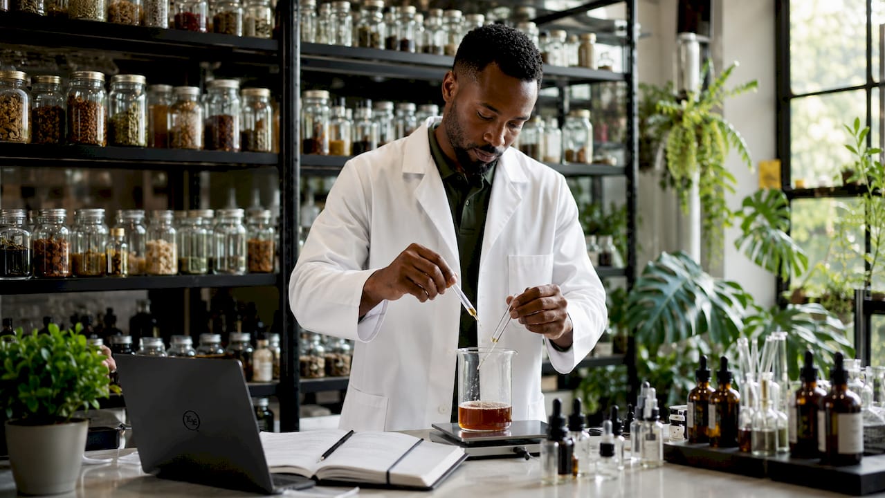 Hands adding peppermint flavor to nicotine product