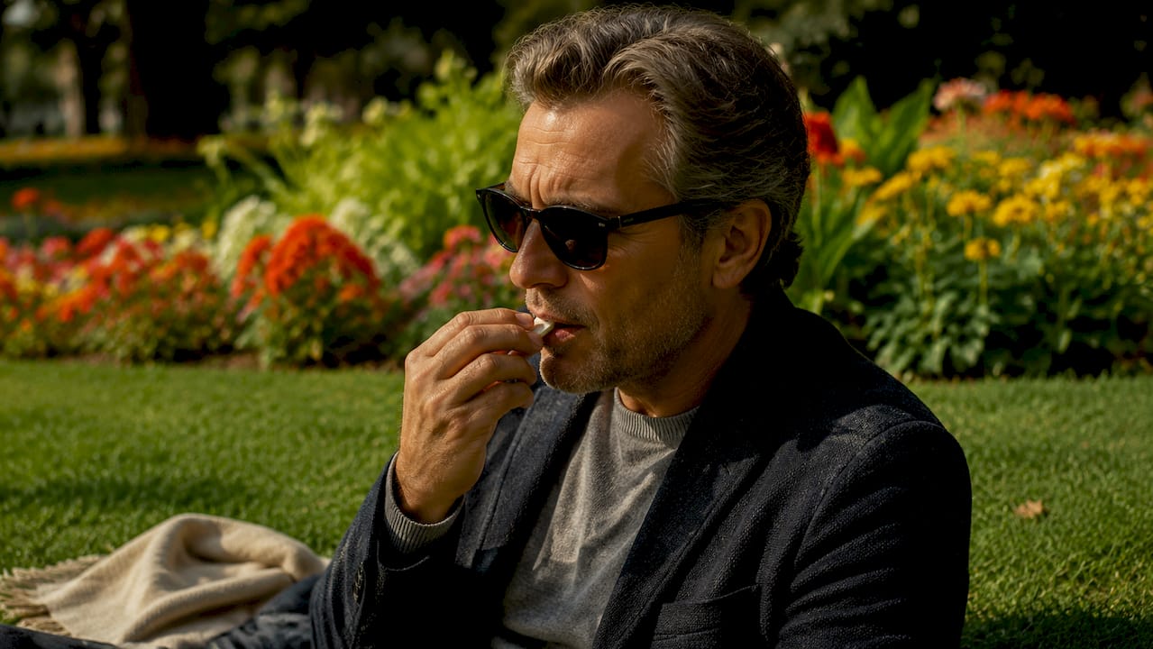 Person placing nicotine pouch under lip outdoors