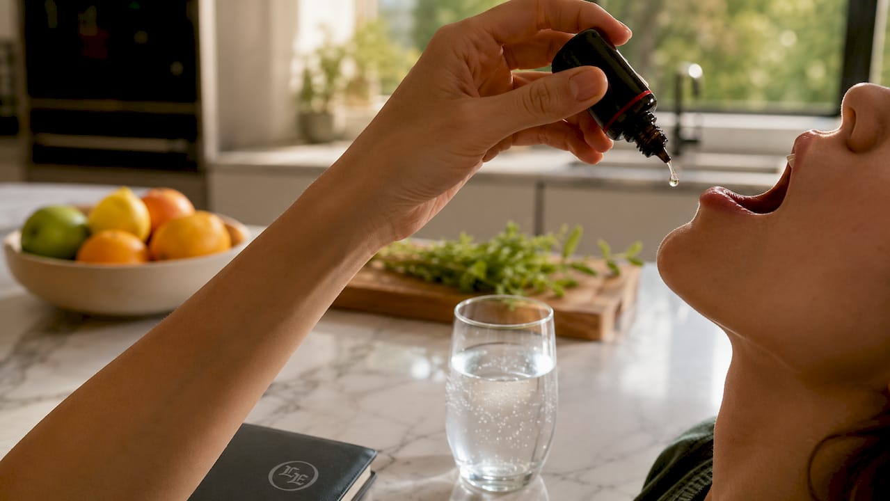 Hands applying sublingual nicotine gel indoors