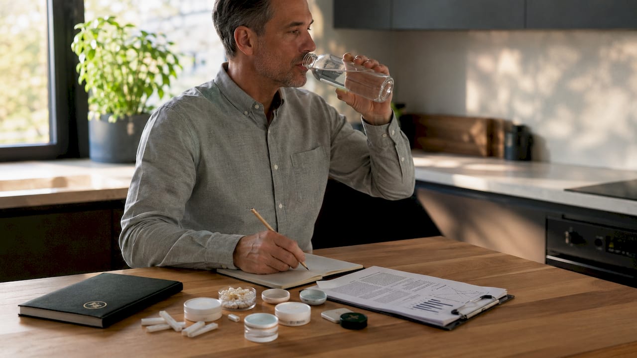 Hands reviewing oral nicotine health data on desk
