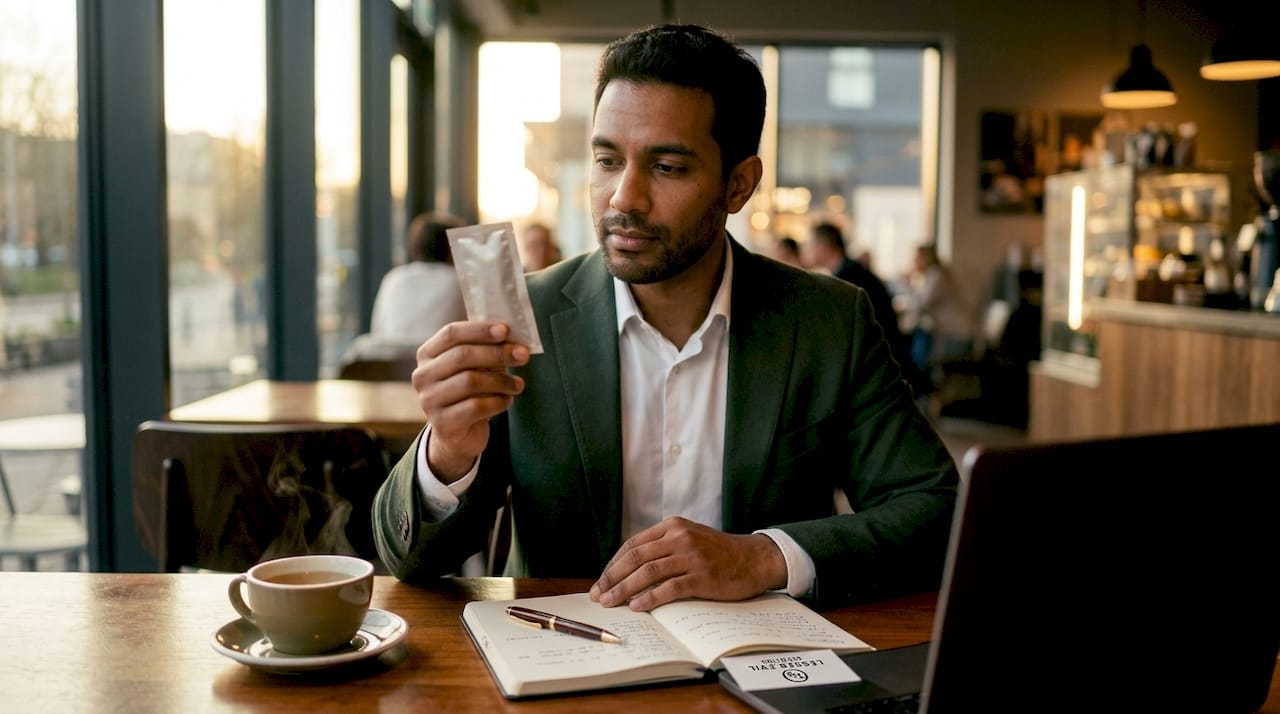 Hands holding oral nicotine gel at office table