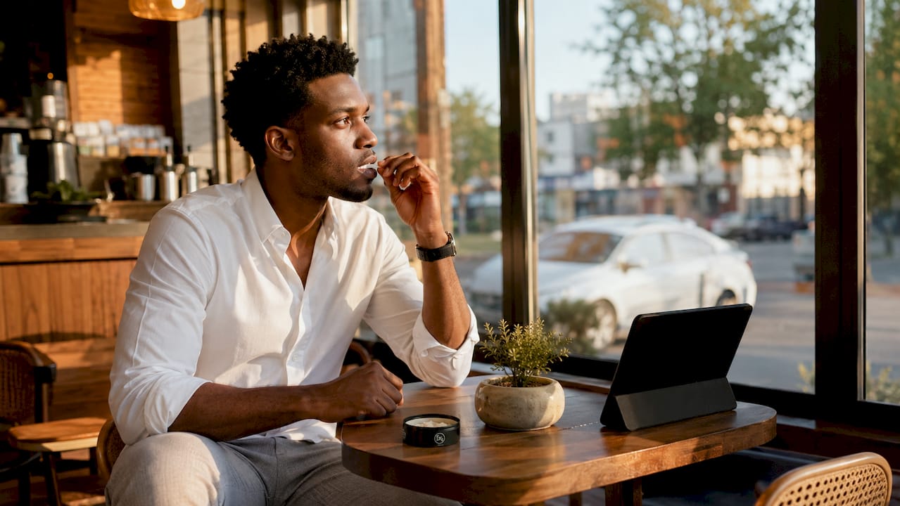 Hands applying discreet nicotine pouch in office lounge