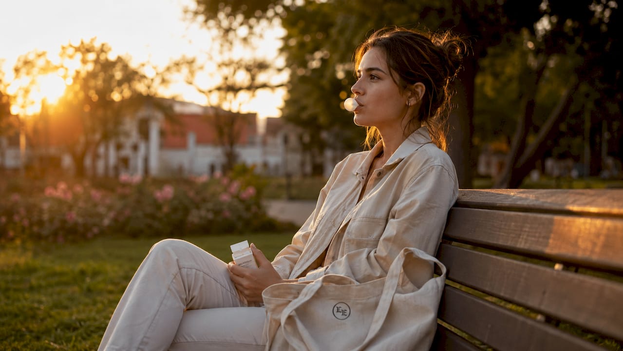 Woman chewing nicotine gum outdoors