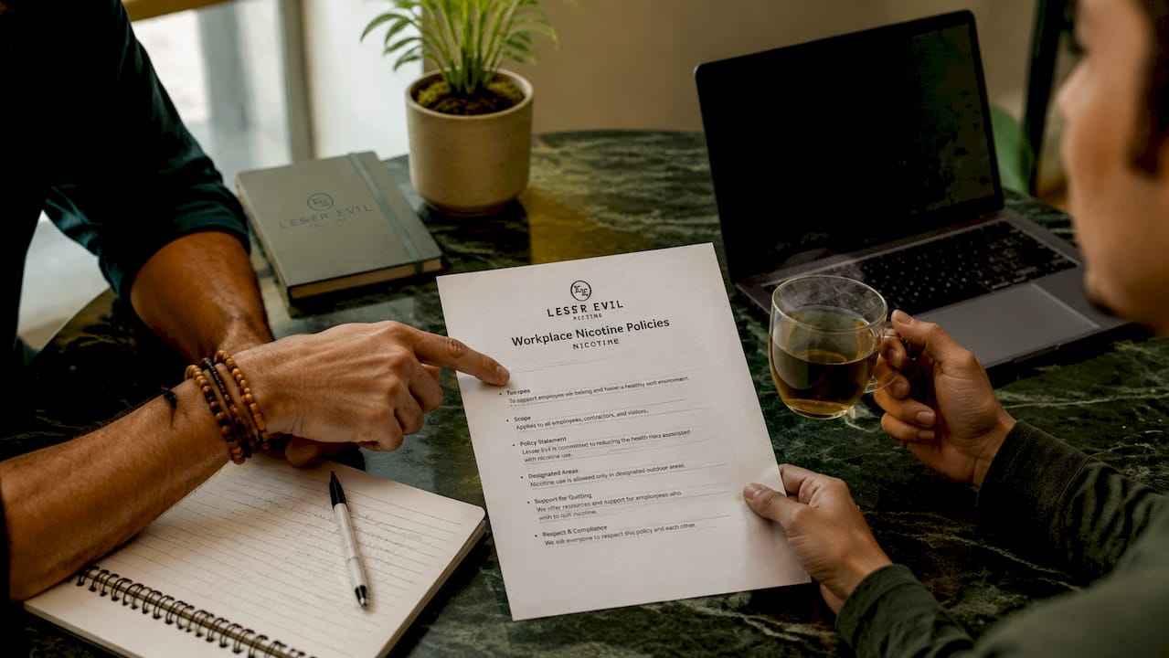 Hands reviewing nicotine workplace legal document