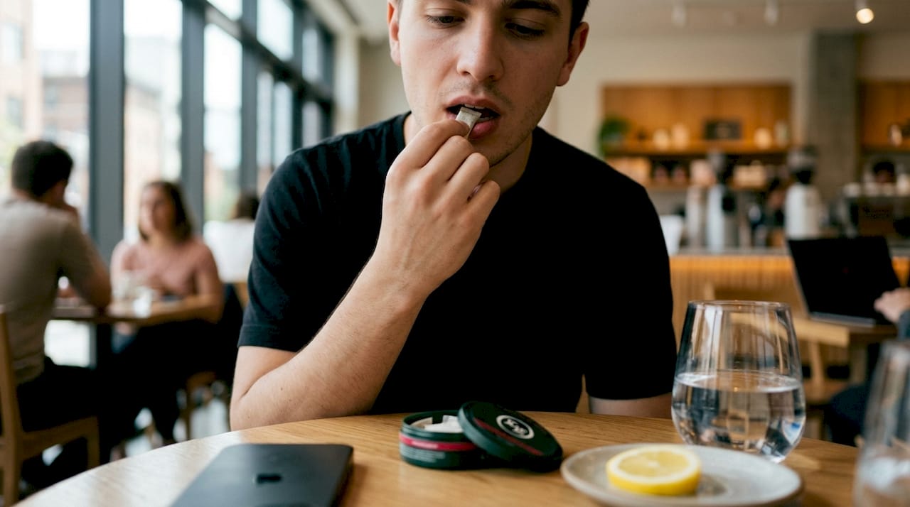Close-up of oral nicotine pouch use under lip