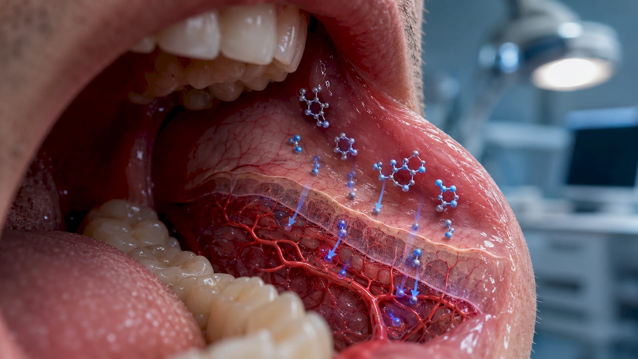 Close-up view of nicotine absorption through cheek lining