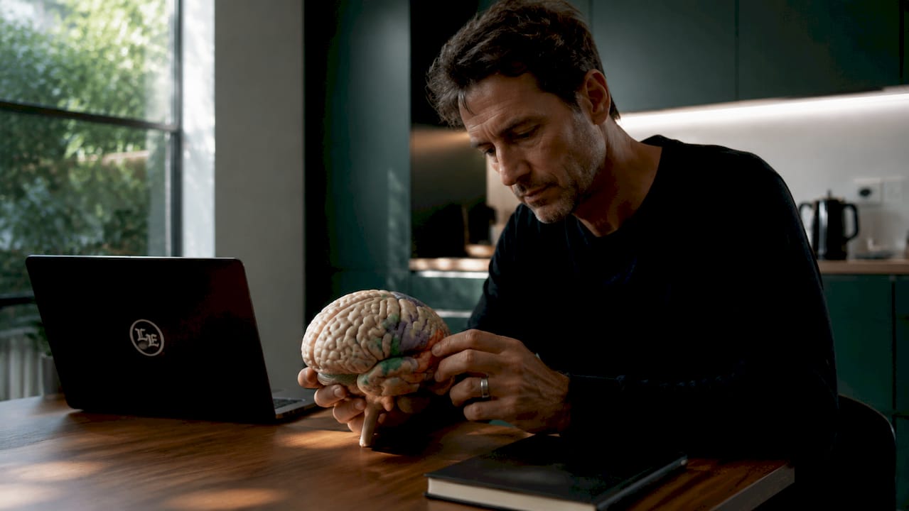 Hands holding brain model highlighting nicotine receptors