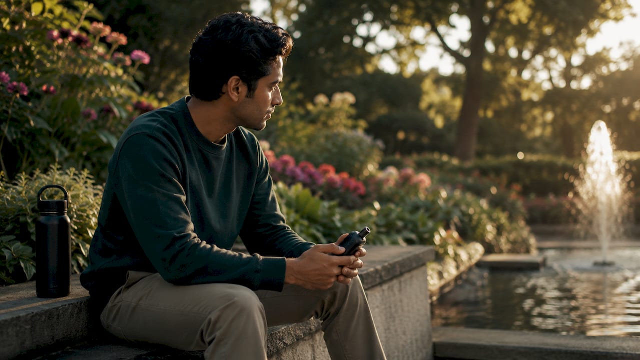 Young man using vape device outdoors on bench