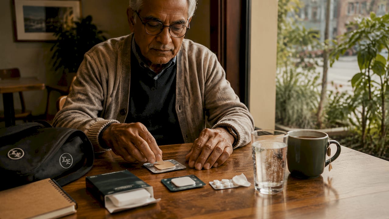 Hands holding smoking cessation aids at home
