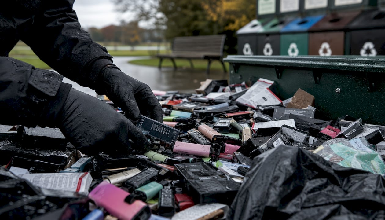 Disposable vape waste in urban recycling bin