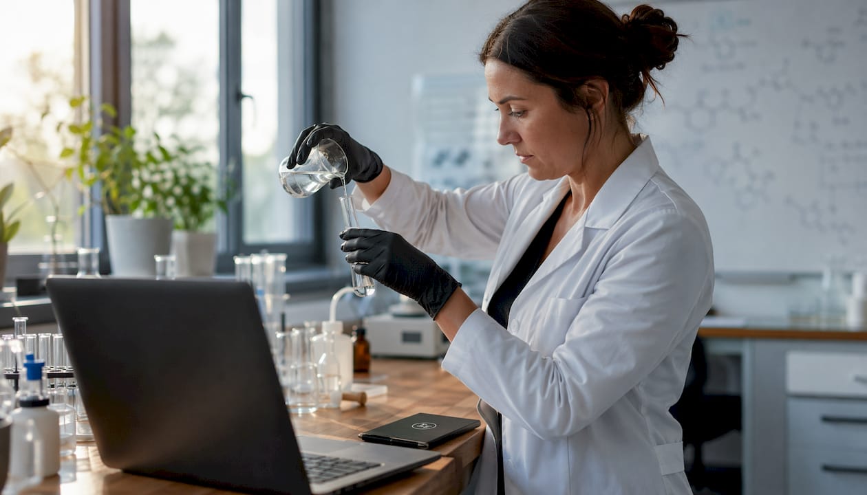 Gloved hands conducting nicotine lab experiment