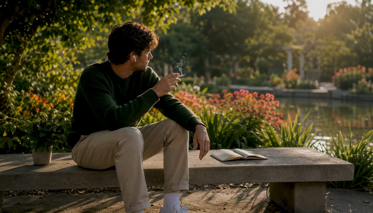Young adult sitting on park bench holding cigarette thoughtfully