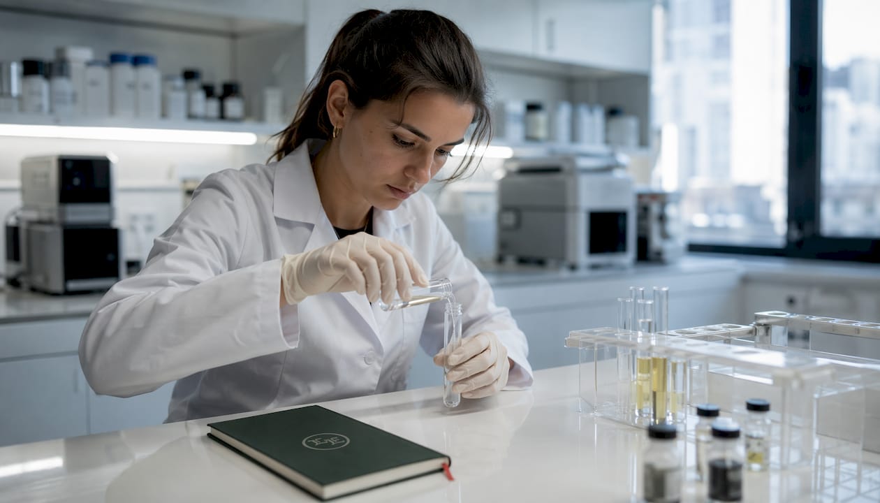 Hands holding test tube during nicotine contamination testing