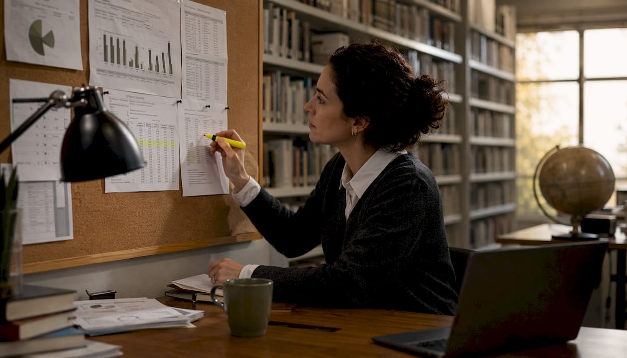 Researcher reviewing nicotine data sheets in UK office