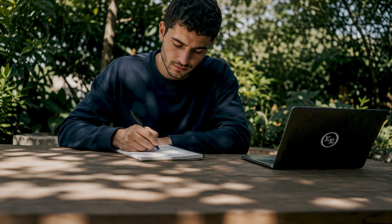 Man writing personal quit smoking plan at home desk