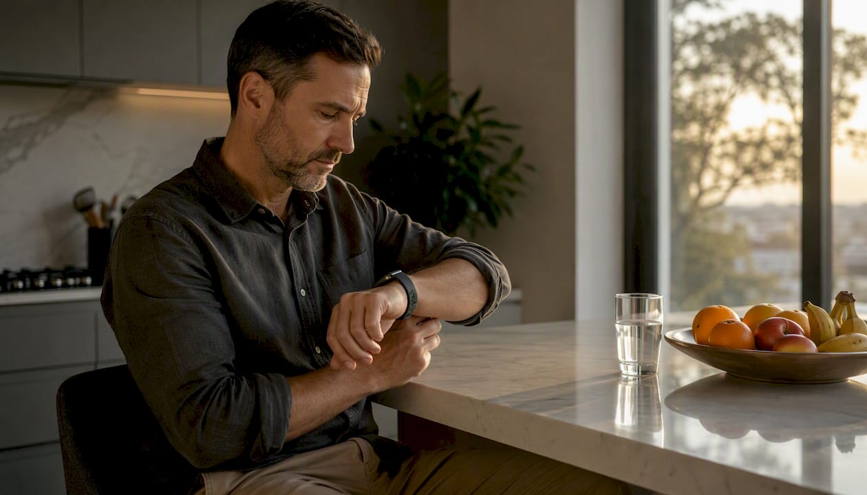 Man checking heart rate monitor at desk