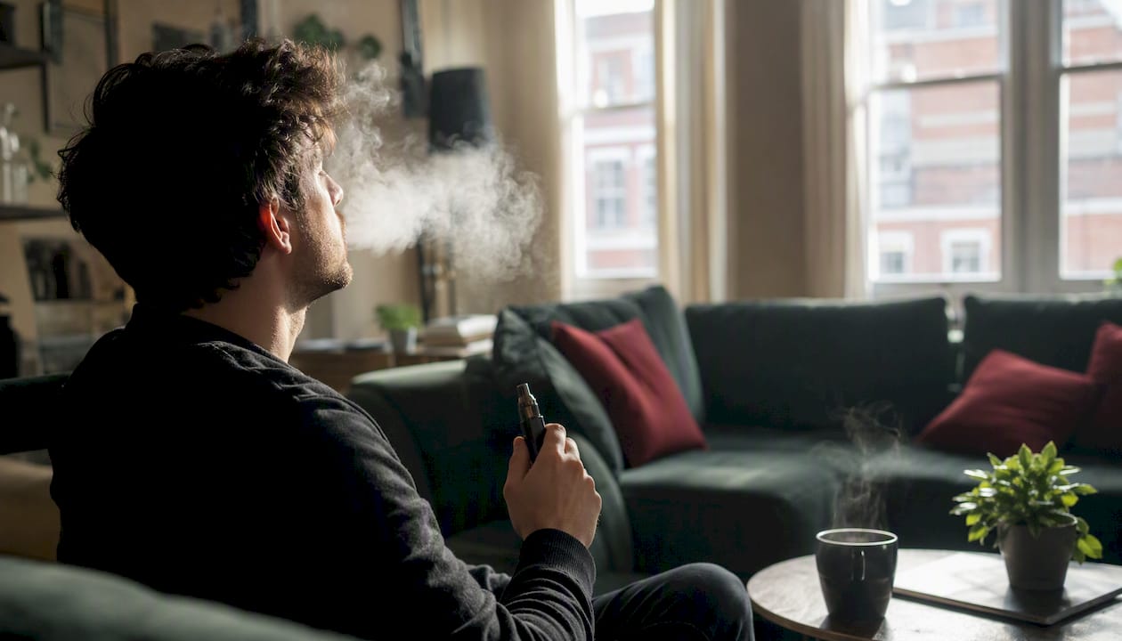 Person vaping indoors with exhaled aerosol visible