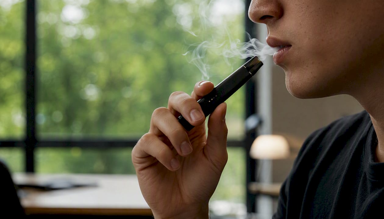 Close-up of mouth-to-lung pod vape inhale