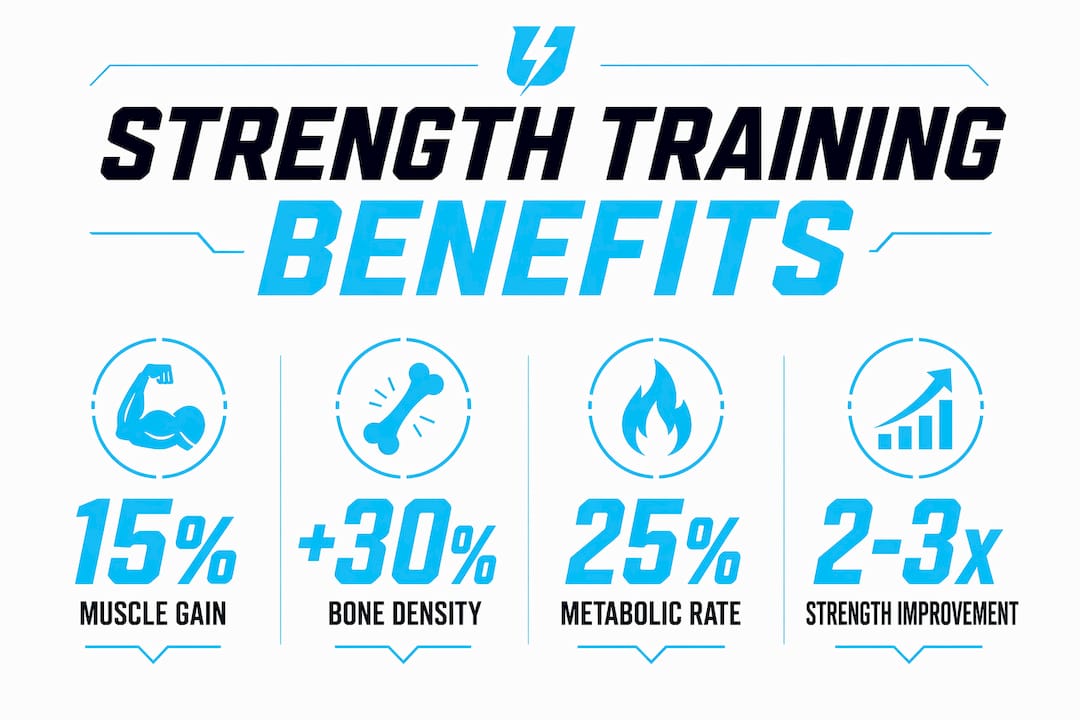 Infographic showing key strength training benefits and stats