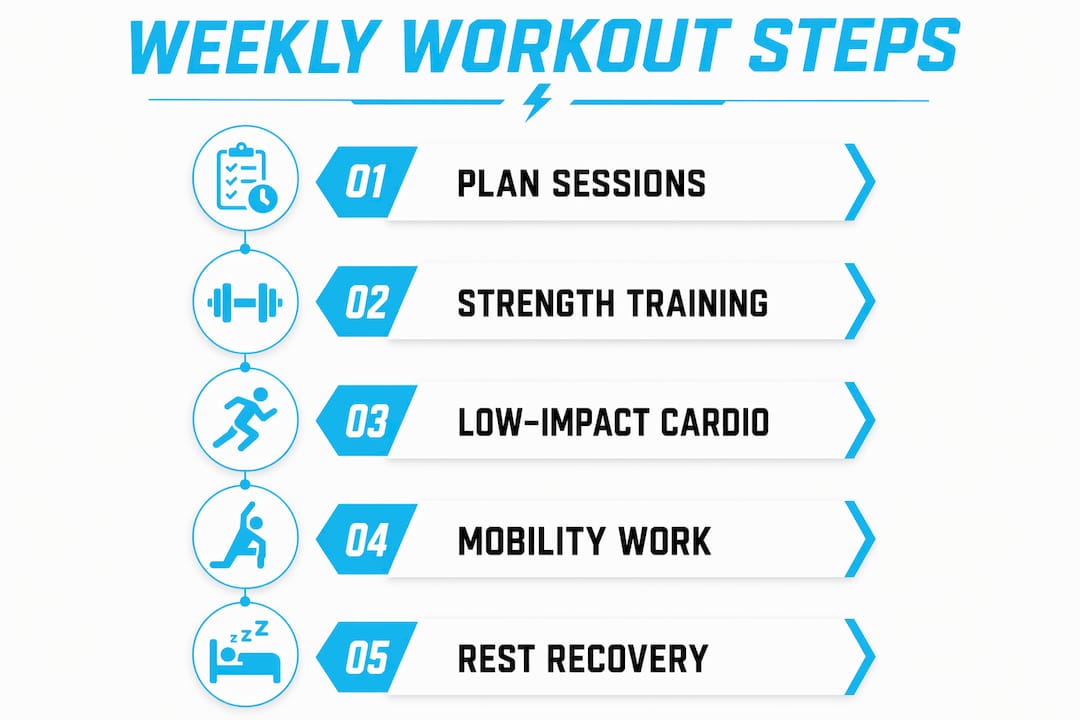 Infographic showing weekly workout routine steps