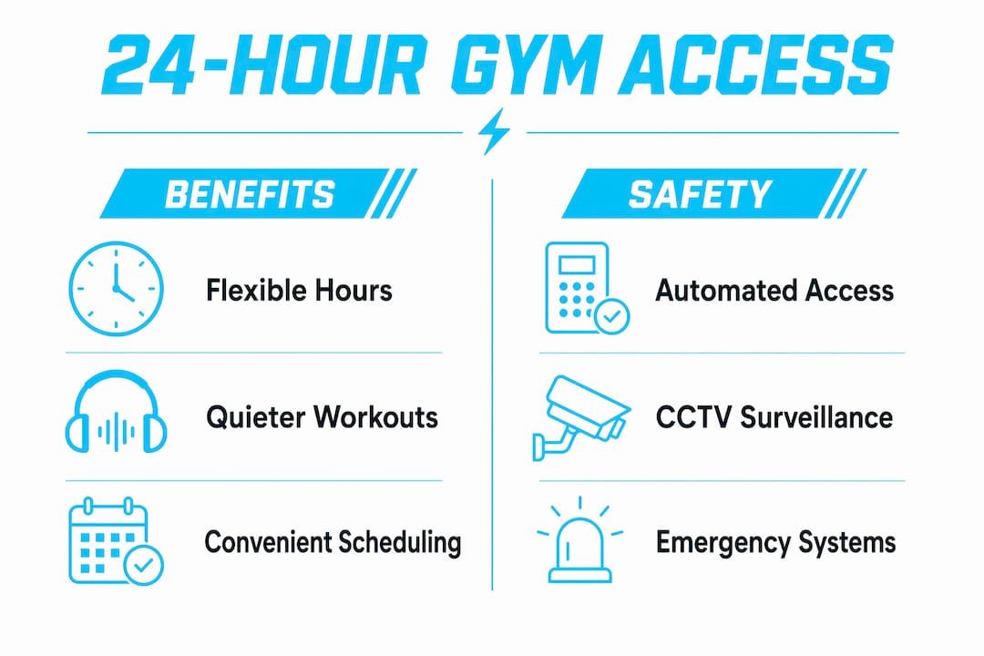 Infographic contrasting benefits and safety of 24-hour gyms