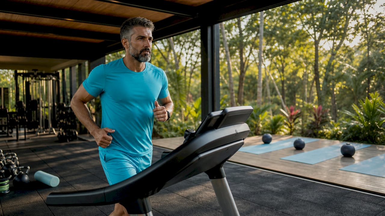 Man jogging on treadmill in gym for cardiovascular health benefits
