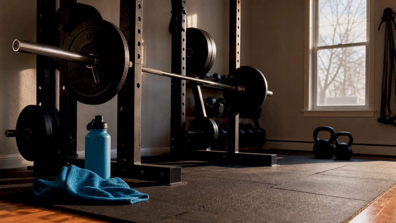 Home gym setup with power rack and barbell