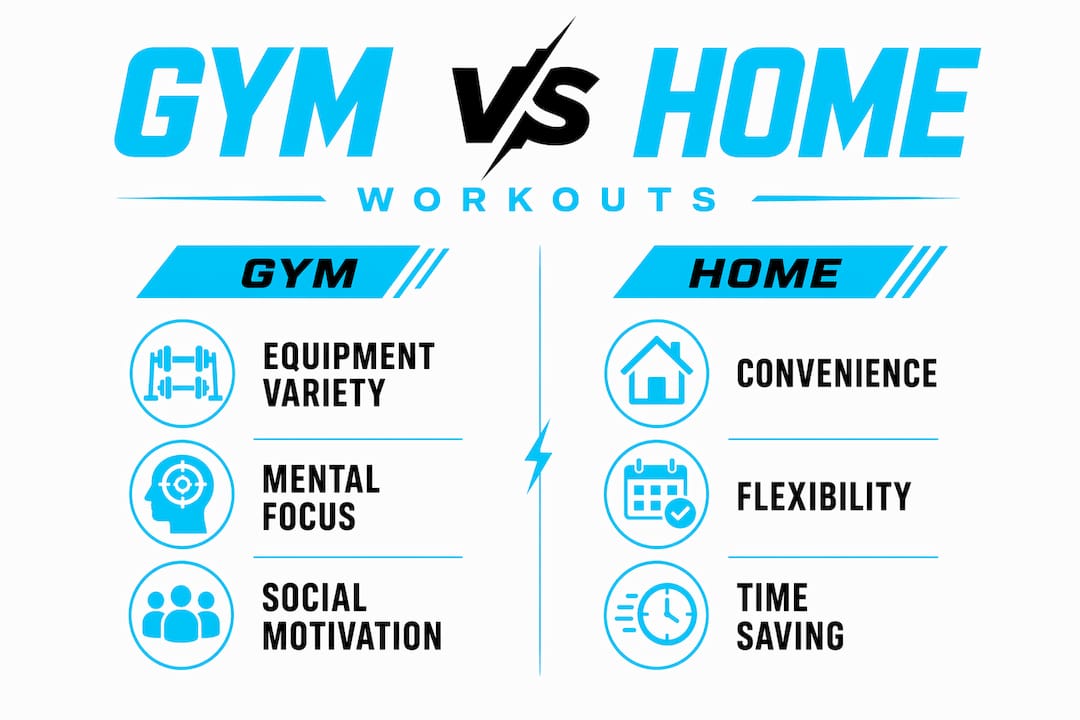 Infographic comparing gym and home workout benefits