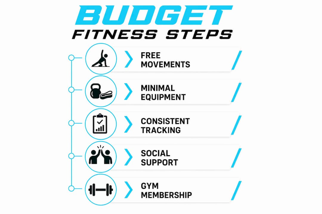 Affordable Ways to Get Fit on Any Budget 2 Infographic showing budget fitness progression steps