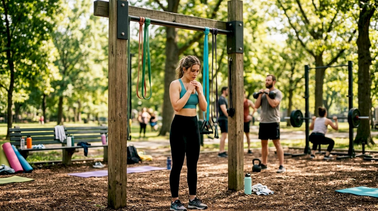 Nervous woman hesitating near gym weights