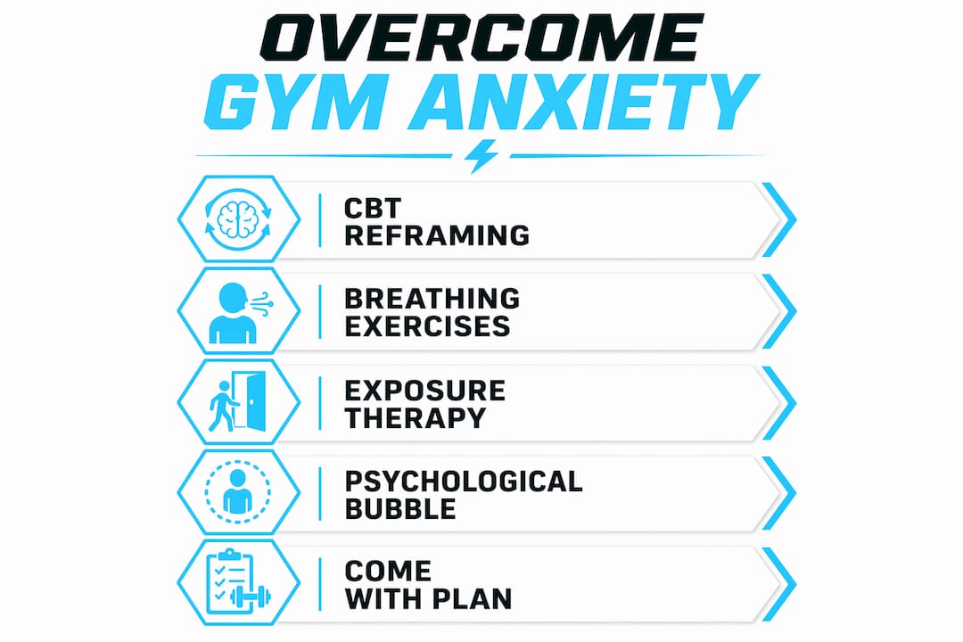Infographic outlining gym anxiety overcoming strategies
