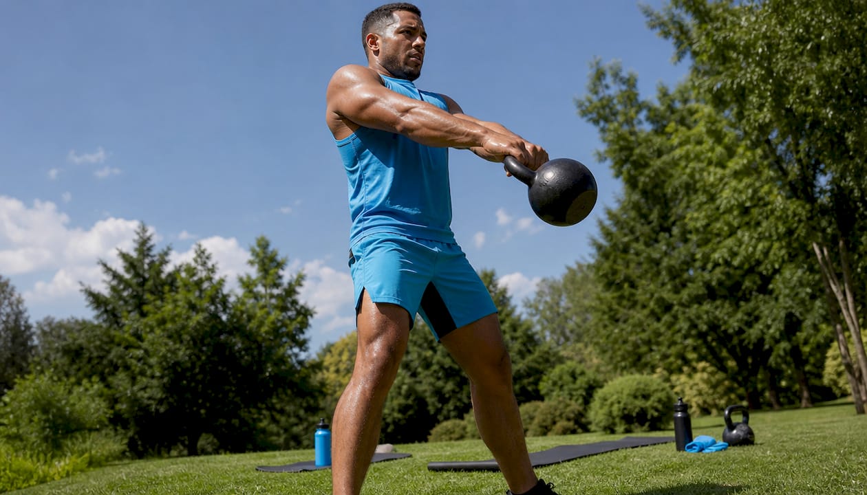 Male athlete performing kettlebell swing exercise