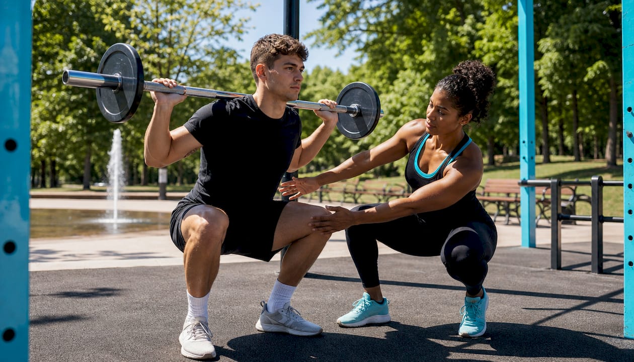 Personal trainer correcting squat form