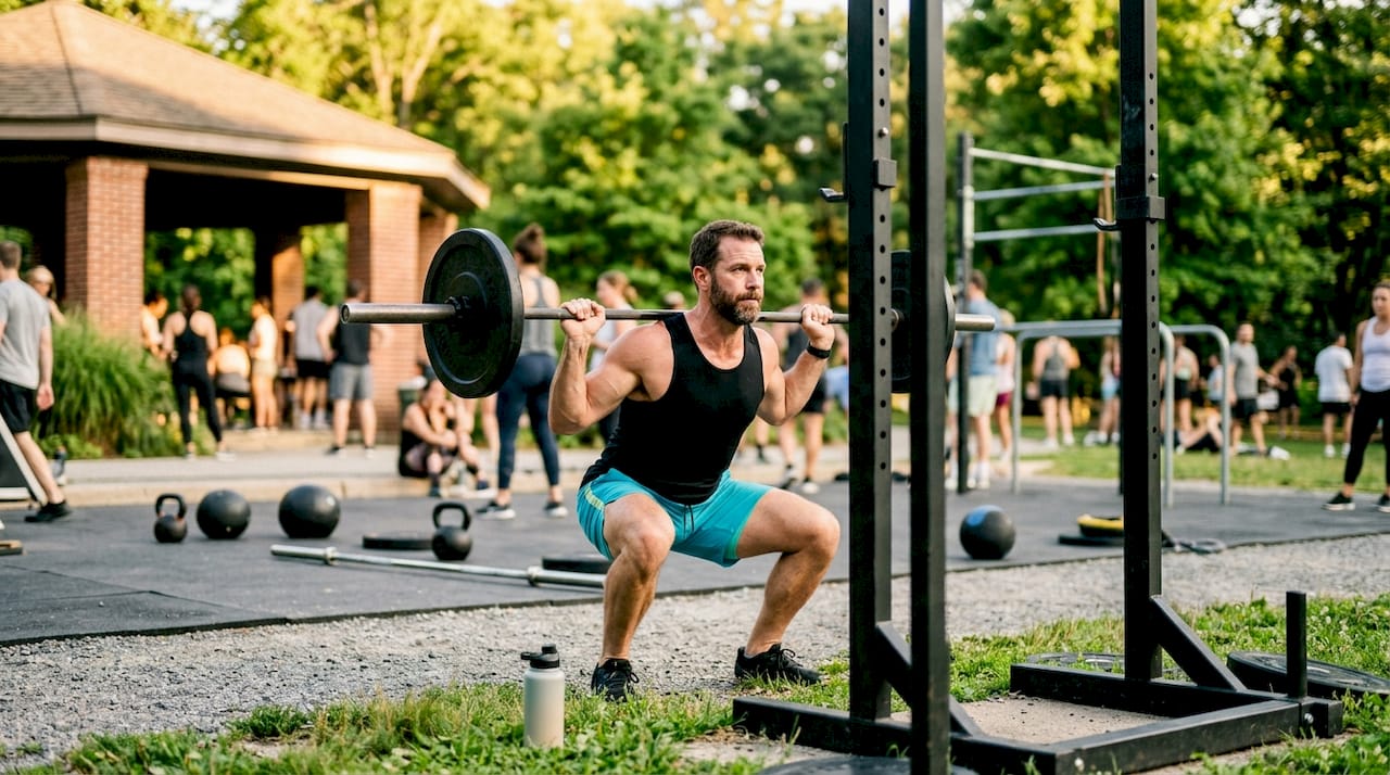 Man doing resistance training squat in gym